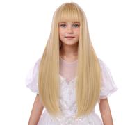 WAVELNM Parrucca bionda per bambini bionda mista lunga e dritta con frangia, parrucca sintetica bionda per bambini