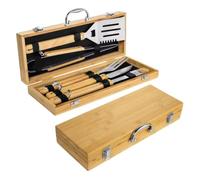 Wavensylvo Bamboo Case Barbecue Set, 5-Piece Stainless Steel Grilling Kit | Camping Grill set with Spatula, Tongs, Knife, Fork and Basting Brush for Outdoor Camping, Backyard BBQ.