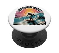 Waves Before Worries - T-shirt retrò con grafica Surf Sunset PopSockets PopGrip Adesivo