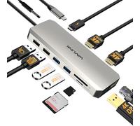 Docking station USB-C per due monitor, docking station WAVLINK con due HDMI, DP, 100W PD, USB3.0&2.0, RJ45, slot SD/TF, audio/microfono, compatibile solo con computer Windows