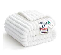 WAVVE Coperta Plaid Pile 150x200 cm, Coperta Letto Singolo/Letto Matrimoniale, Coperta di Flanella a Righe per Soggiorno, Letto, Coperta Divano Caldo Morbida, Bianco Puro