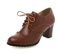 Wavyvigs Scarpe Oxford for Donne Thick Grosso Tacco a Blocco Punta Rotonda Tacco Alto Saddle Scarpe Marrone Taglia del Marchio 34