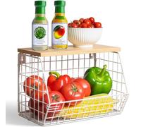 Wawocs Cestini per Frutta e Verdura da Cucina, Porta Frutta a Piani Cucina con Coperchio in Legno Impilabili con 2 Ganci Cesto Frutta, Cestino Portafrutta Ripiani Bianco