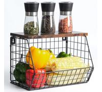 Wawocs Porta Frutta da Tavolo Cucina e Verdura da Appendere e Impilare, Cesto Portafrutta con Coperchio in Legno, Cestino Frutta a Piani Cucina con 2 Ganci, Cesto Frutta in Metallo Porta Snack Frutta