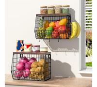 Wawocs Portafrutta da Tavolo Moderno Porta Frutta Cucina a 2 Livelli, Organizer per Frutta e Verdura con Coperchio in Legno e 4 Ganci per Cesto di Frutta, Cestino Portafrutta Fruttiera in Metallo