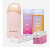 Wax n'Roll - Kit rullo per cera con 1 rosa e 1 ricarica di miele, 50 strisce, 6 salviette per la cura della pelle, scaldacera roll-on per una pelle liscia