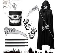WAYBWZDQ Costume da Tristo Mietitore, Costume da Mietitore di Halloween Costume da scheletro con Maschera Guanti Falce, per Halloween,Mascherata, Carnevale,Cosplay (Nero)
