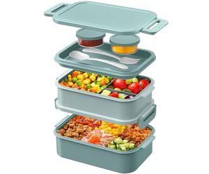 WayEee Contenitore per il pranzo per adulti, 2130 ml, grande capacità, con scomparti, a prova di perdite, a 3 strati, per ufficio, scuola (verde)