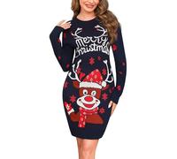 Wayleb Abito Natale Donna Merry Christmas con Renne Blu Navy L