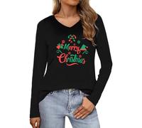 Wayleb Maglietta Donna Natale a Maniche Lunghe- Merry Christmas T-Shirt Natalizia a Manica Lunga Scollo a V Magliette Natalizio Cotone Top Casual Tee per Feste Invernali e Party, Nero L