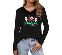 Wayleb Maglietta Natalizia Donna Scollo a V - Maglia Manica Lunga con Stampa Merry Christmas 3 Gnomi di Natale, Top Natalizio in Cotone, Nero XXL