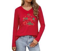 Wayleb Merry Christmas T-Shirt Donna Natale a Maniche Lunghe- Maglietta Natalizia a Manica Lunga Scollo a V Magliette Natalizio Cotone Top Casual Tee per Feste Invernali e Party, Rosso S