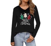 Wayleb Top Natalizio Donna Manica Lunga Scollo a V - Maglietta Natalizia con Albero a Quadri e Merry Christmas, Maglia Natale T-Shirt Invernale Morbida e Festiva, Nero 3XL