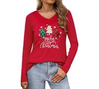 Wayleb Top Natalizio Donna Manica Lunga Scollo a V - Maglietta Natalizia con Albero a Quadri e Merry Christmas, Maglia Natale T-Shirt Invernale Morbida e Festiva, Rosso 3XL