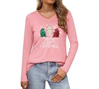 Wayleb Top Natalizio Donna Manica Lunga Scollo a V - Maglietta Natalizia con Albero a Quadri e Merry Christmas, Maglia Natale T-Shirt Invernale Morbida e Festiva, Rosa 3XL