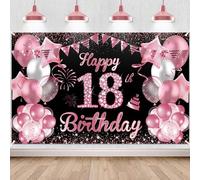 Waylipun Happy 18th Birthday Banner nero e rosa decorazioni per feste di compleanno, poster di compleanno, sfondo per foto di compleanno, striscione in tessuto per ragazze e donne, 110 x 180 cm (18°)