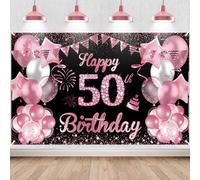 Waylipun Happy 50th Birthday Banner nero e rosa decorazioni per feste di compleanno, poster di compleanno, sfondo per foto di compleanno, striscione in tessuto per ragazze e donne, 110 x 180 cm (50°)