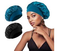 Waymaytecy 2 Pezzi Cuffia Seta Capelli Ricci, Traspirante e Regolabile Notte Dormire Berretto, Riutilizzabile Berretto di Seta, Adatto Protezione Donne e Ragazze per Capelli Lunghi e Ricci(Nero&Blu)