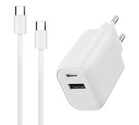 WAYTEX Caricabatterie rapido da 30 W, doppio USB-C e USB, con cavo in nylon, 1 m, ricarica rapida sicura con chip IC, caricatore completo e cavo per telefono tipo C, iPhone16-15, iPad, Samsung,