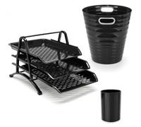 Waytex Set di 3 accessori da ufficio, colore: nero, con raccoglitore di documenti a 3 livelli, pattumiera da 12,5 l, con maniglie, portapenne, in plastica resistente, per ufficio, completo