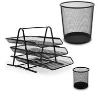 Waytex Set di accessori da scrivania 3 pezzi in metallo maglia mesh, cestino per carta, raccoglitore 3 cestini scorrevoli, portapenne