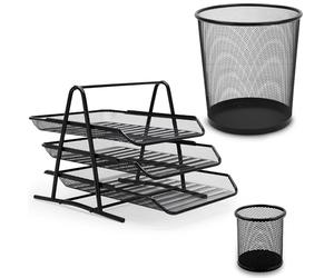 Waytex Set di accessori da scrivania 3 pezzi in metallo maglia mesh, cestino per carta, raccoglitore 3 cestini scorrevoli, portapenne