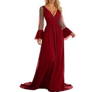 WAZHAKU Abito da sera da donna, elegante, con scollo a V, trasparente, a maniche lunghe, in stile vittoriano, per cocktail, matrimoni e gala, R rosso., XXL