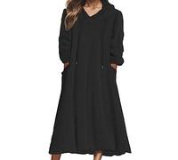 WAZHAKU Abito invernale da donna in pile, lungo, a maniche lunghe, invernale, con cappuccio, caldo, maxi abito da donna, scollo a V, con tasche, abito da donna, elegante, tinta unita, con fodera