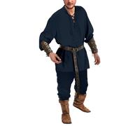 WAZHAKU Camicia medievale da uomo, 4 pezzi, vichingo, rinascimentale, pirata, vittoriano, steampunk, cosplay, in lino e cotone, con lacci, top con accessori, pantaloni vichinghi, due fasce per la