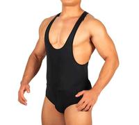WAZHAKU Mankini Body intero da uomo, slip con glutei, shaperwear, bodysuits singlet leotard racerback, boxer sexy lucidi, per wrestling, A nero, M
