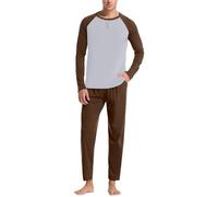 WAZHAKU Pigiama da uomo, lungo, in cotone, estivo, a maniche lunghe, con pantaloni da sonno, pigiama, traspirante, unisex, leggero, set da 2 pezzi, pigiama per il tempo libero, caffè, L