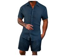 WAZHAKU Pigiama da uomo trasparente in rete, pigiama corto, sexy, da notte, con bottoni, a maniche corte, camicia, boxer estivi, per il tempo libero, confortevole, tuta sportiva traspirante, blu navy,