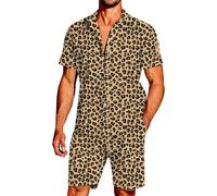 WAZHAKU - Set di abbigliamento da jogging con stampa leopardata, moda, per uomo, camicia hawaiana, a maniche corte, traspirante, a rapida asciugatura, pantaloncini con coulisse, set di maglietta e