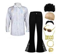 WAZHAKU Set di costumi da discoteca anni '70, hippie da uomo con pantaloni a zampa con glitter camicia 80s Carnevale per 50s 60s 70s Cosplay Halloween Party Hippie Costume da uomo, R bianco., XL