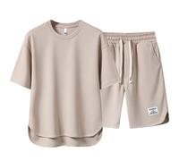 WAZHAKU Tuta sportiva in lino, da uomo, tinta unita, 2 pezzi, a maniche corte, con bottoni e pantaloncini da spiaggia, set di pantaloni corti, in cotone e lino, da jogging, beige., XXL