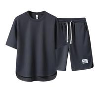 WAZHAKU Tuta sportiva in lino, da uomo, tinta unita, 2 pezzi, a maniche corte, con bottoni e pantaloncini da spiaggia, set di pantaloni corti, in cotone e lino, da jogging, grigio., XXL