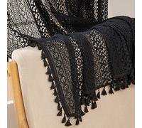 WAZZIO Tende in cotone nero con nappa, stile gotico, lunghezza 248 cm, 2 pannelli con tasca per asta, tenda all'uncinetto, stile bohémien, gotico, camera da letto, Halloween, soggiorno