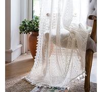 WAZZIO Tende in pizzo bianco sporco - lunghe 244 cm, 2 pannelli, stile boho, velate, con nappa, tasca per asta, tende in tulle di cotone per la privacy per camera da letto e soggiorno