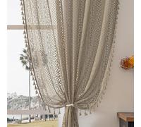 WAZZIO Tende in pizzo di cotone bohémien all'uncinetto, per camera da letto e soggiorno, con tasca per asta, filtranti la luce, tende velate lunghe 213 cm, set di 2 pannelli, colore: tortora