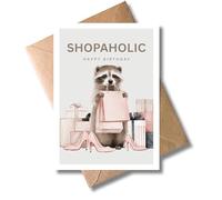 WBdesignz Biglietto con busta - con motivo procione - "shopaholic - Lascia andare a fare shopping - biglietto divertente per compleanno per donne e amiche (DIN A6) (shopaholic - Happy Birthday)