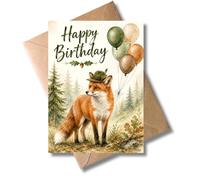 WBdesignz Biglietto di auguri di compleanno con busta, biglietto di auguri di compleanno con volpe e palloncini, in stile acquerello, per cacciatori, compagni di caccia (DIN A6)