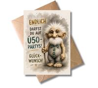 WBdesignz Biglietto di auguri umoristico per il 50° compleanno con busta, biglietto divertente per 50° compleanno, con scritta "Endlich darfst du auf Ü 50 Party", biglietto di auguri per uomini e