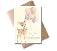 WBdesignz Grazioso biglietto di compleanno per bambini con busta, per 4 anni, con cervo e palloncini colorati, simpatico biglietto di auguri per ragazze e ragazzi, per il quarto compleanno, giallo
