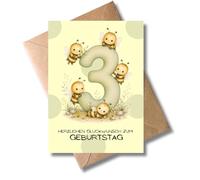 WBdesignz Grazioso biglietto di compleanno per bambini con busta, simpatiche api su grande numero 3, biglietto di auguri per bambini, ragazzi e ragazze, per il terzo compleanno, tre anni (DIN A6)