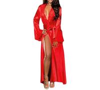 WBDWWTD Abito da donna con collo in pizzo, accappatoio trasparente, polsini trasparenti, pigiama lungo, vestaglia a kimono, vestaglia lunga, cardigan, copricostume, babydoll, camicia da notte, cintura