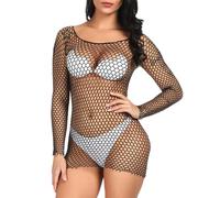 WBDWWTD Miniabito da Donna a Rete a Maniche Lunghe, Babydoll in Rete Lingerie Club Aderente Trasparente Camicia da Notte Svasata in Pizzo Chemise Body Rave Outfit Bikini Cover Up Intimo da Notte