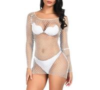 WBDWWTD Miniabito da Donna a Rete a Maniche Lunghe, Babydoll in Rete Lingerie Club Aderente Trasparente Camicia da Notte Svasata in Pizzo Chemise Body Rave Outfit Bikini Cover Up Intimo da Notte