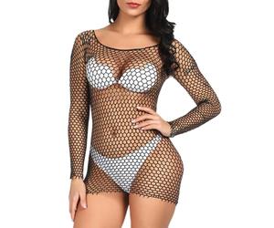 WBDWWTD Miniabito da Donna a Rete a Maniche Lunghe, Babydoll in Rete Lingerie Club Aderente Trasparente Camicia da Notte Svasata in Pizzo Chemise Body Rave Outfit Bikini Cover Up Intimo da Notte