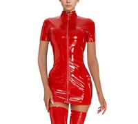 WBDWWTD Miniabito in Ecopelle Effetto Bagnato Aderente Club Front Zip Intera Senza Maniche Lingerie Body Intero in Lattice Metallizzato Lucido Abiti Slim Fit Costume Cosplay Catsuit Abbigliamento da