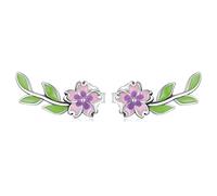 WBDWWTD Orecchini in Argento Sterling 925 Piante Viola Fiore Rosa Foglia Verde Orecchini per Le Donne Orecchini Fiore scalatore Fiore orecchino cingolo Orecchini Polsino Orecchini scalatore